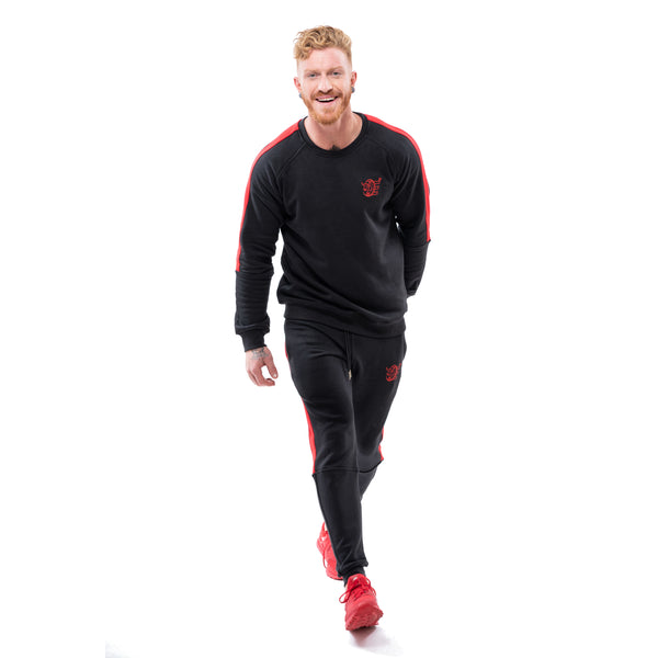 Tracksuit Set: Slim Jacket & Joggers w / Zippered Pockets - Black/Red Stripes - Estremo Fitness