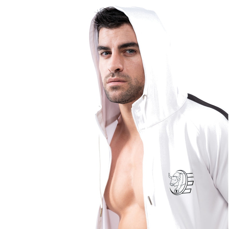 Tracksuit Set-Hooded Slim Jackets & Joggers w / Zippered Pockets - White - Estremo Fitness