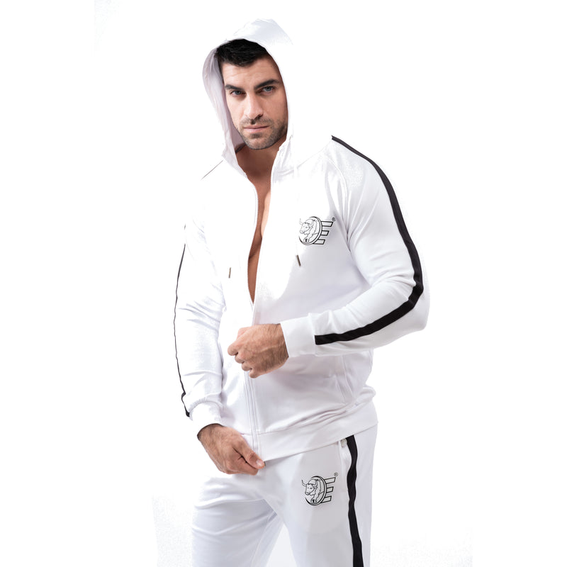 Tracksuit Set-Hooded Slim Jackets & Joggers w / Zippered Pockets - White - Estremo Fitness