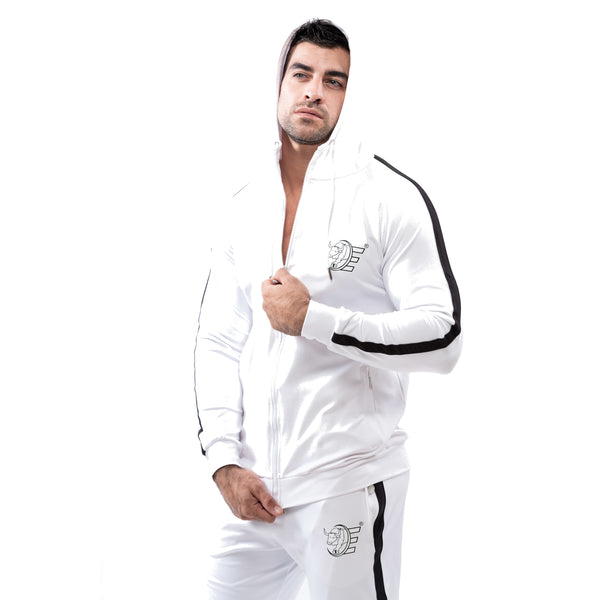 Tracksuit Set-Hooded Slim Jackets & Joggers w / Zippered Pockets - White - Estremo Fitness