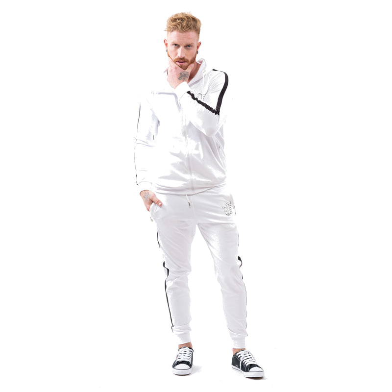 Tracksuit Set-Hooded Slim Jackets & Joggers w / Zippered Pockets - White - Estremo Fitness