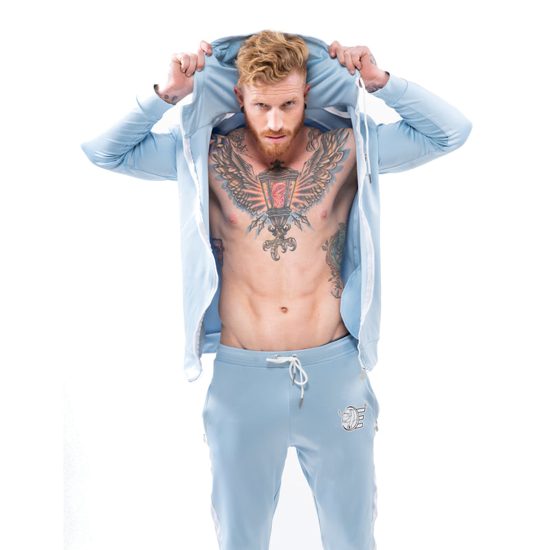 Tracksuit Set-Hooded Slim Jackets & Joggers w / Zippered Pockets - Sky Blue - Estremo Fitness