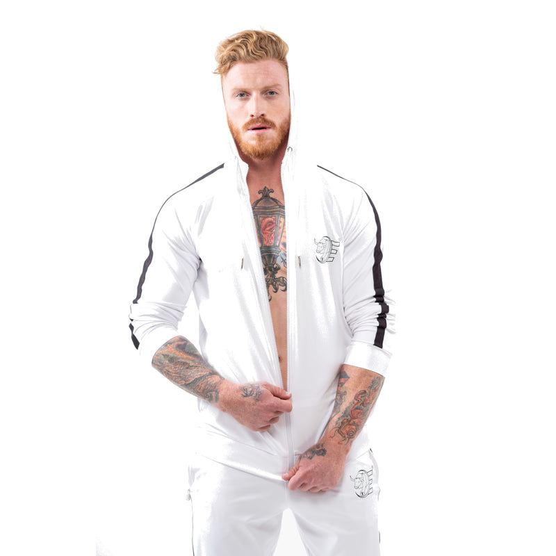 Tracksuit Set-Hooded Slim Jackets & Joggers w / Zippered Pockets - White - Estremo Fitness
