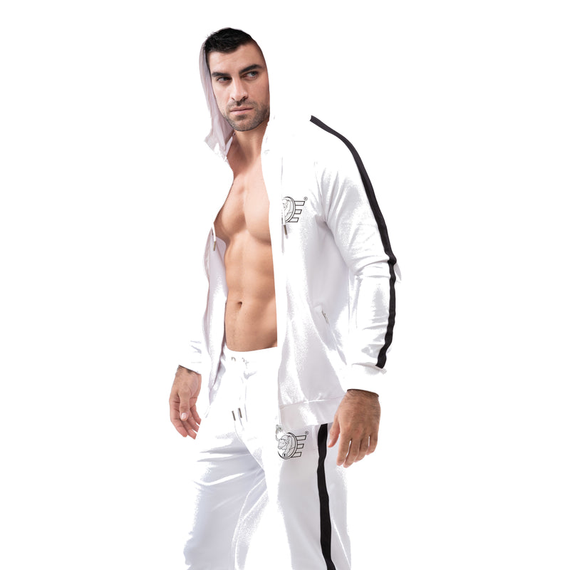 Tracksuit Set-Hooded Slim Jackets & Joggers w / Zippered Pockets - White - Estremo Fitness