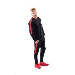 Tracksuit Set: Slim Jacket & Joggers w / Zippered Pockets - Black/Red Stripes - Estremo Fitness