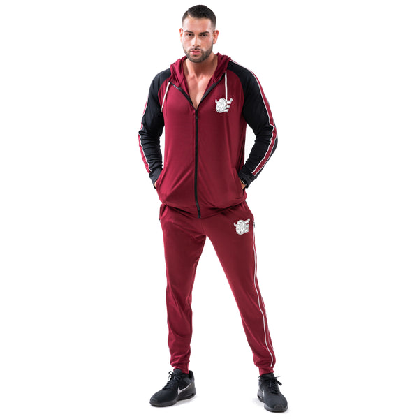 Tracksuit Set-Hooded Slim Jackets & Joggers w / Zippered Pockets - Burgundy - Estremo Fitness