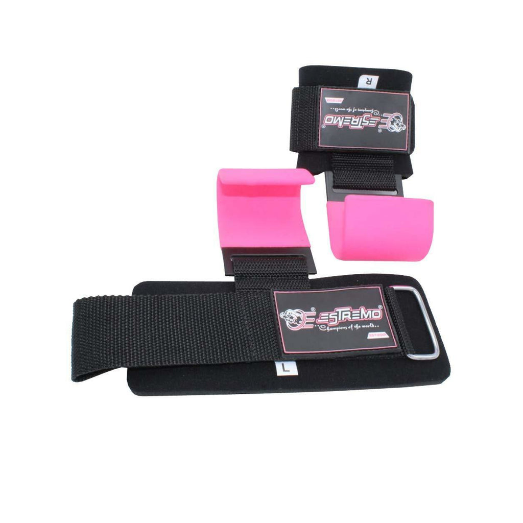 Weightlifting Hooks Made of Iron w/ Wrist Straps, Pink - Estremo Fitness