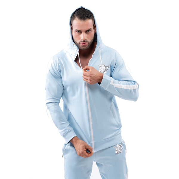 Tracksuit Set-Hooded Slim Jackets & Joggers w / Zippered Pockets - Sky Blue - Estremo Fitness